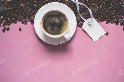 Preview: Cup of Coffee with Beans and Tag on Pink