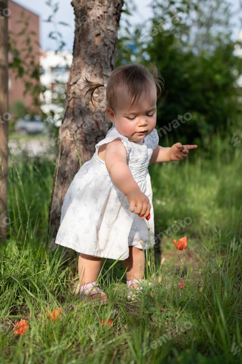 Preview: Toddler in white dress explores garden, touches red flowers in vibrant greenery on a sunny day.