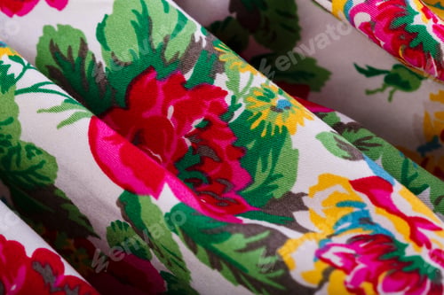 Preview: Texture Of A Fabric In A Flower. Close Up Of Retro Tapestry Fabric Pattern With Classical Image Of