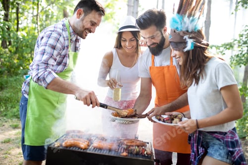 Preview: Happy friends camping and having a barbecue in nature