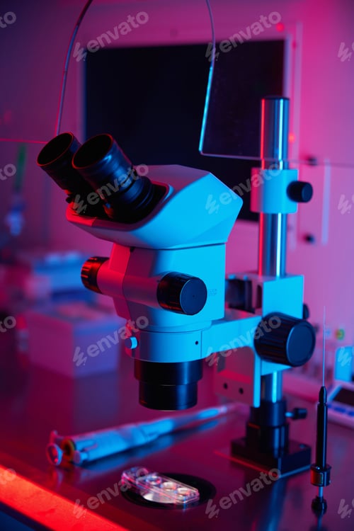 Preview: Lab tools arranged under vivid colored lighting