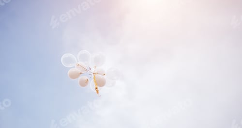Preview: A large bunch of white balloons flying into the sky filled with helium