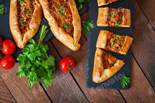 Preview: Turkish pide traditional food with beef and vegetables