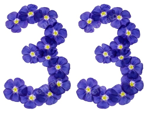 Preview: Arabic numeral 33, thirty three, from blue flowers of flax, isolated on white background