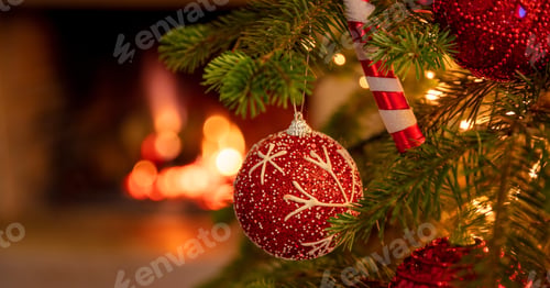Preview: Christmas tree close up on blurred burning fireplace background