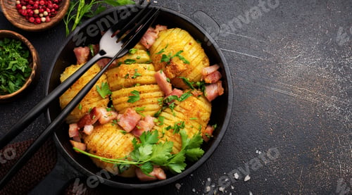 Preview: Baked potatoes with ham, herbs and breadcrumbs on dark background. Scandinavian cuisine. Top view.