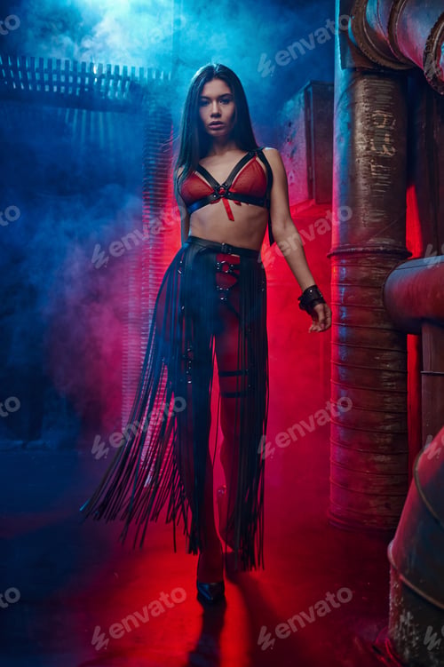 Preview: Sexy woman poses in leather bdsm suit