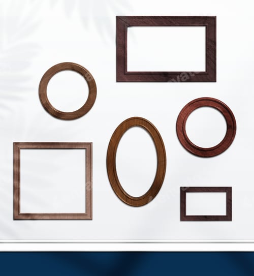 Preview: White wall with shadow from leaves and various empty wooden frames