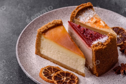 Preview: Cheesecake, a slice of sweet pie, a classic cheese dessert. Cheesecake as a food background