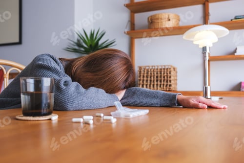 Preview: A woman get sick and sleep at desk with pills and a glass of water