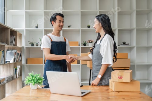 Preview: Online shopping Asia couple handshake to express joy and success. Online shopping concept
