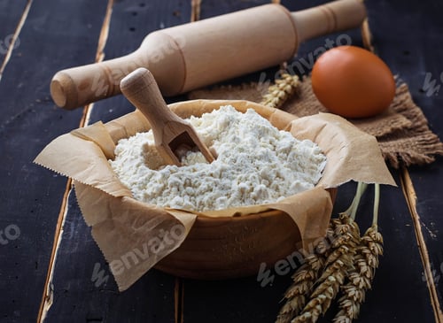 Preview: Baking ingredients egg, flour, rolling pin