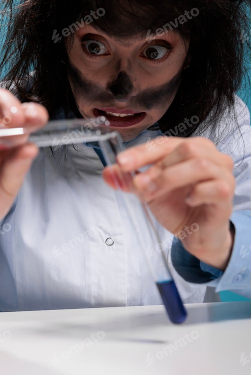 Preview: Close up of clumsy mad chemist mixing chemical substances to create new formula by using unknown
