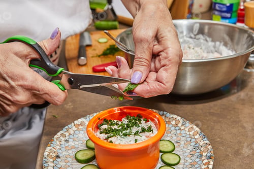 Preview: Chef preparing gourmet tartare with salmon and cheese on a plate