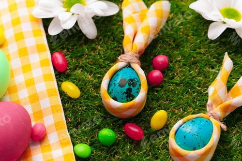 Preview: Close up photo of colored Easter eggs and candies on grass