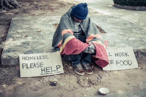 Preview: Beggars, wrapped in cloth, then wearing a hat and sitting down beside the road.