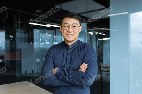 Preview: Portrait of happy and successful asian businessman man in glasses smiling and looking at camera