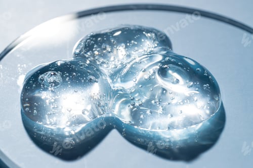 Preview: Drop or smear of cosmetics. Drop of liquid transparent gel with bubbles on a blue background on petr