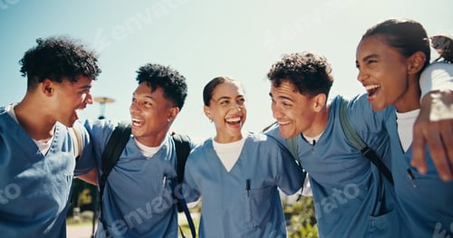 Preview: Group of people, outdoor and success as medical student for bonding, learning or education in clini