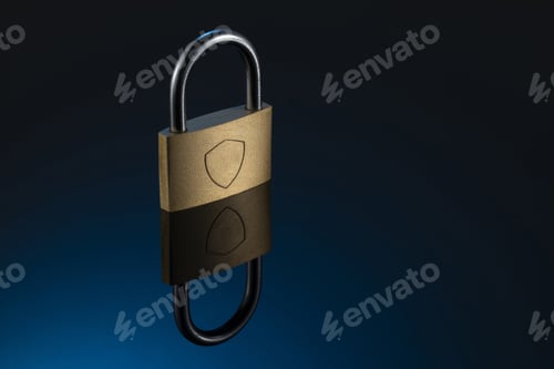 Preview: Padlock with a shield on it put on a reflecting surface - security concept