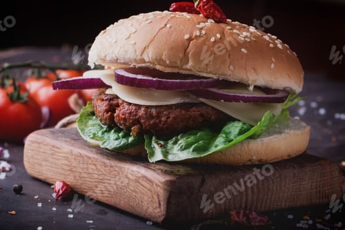 Preview: Delicious Burger with Fresh Toppings on a Wood Board