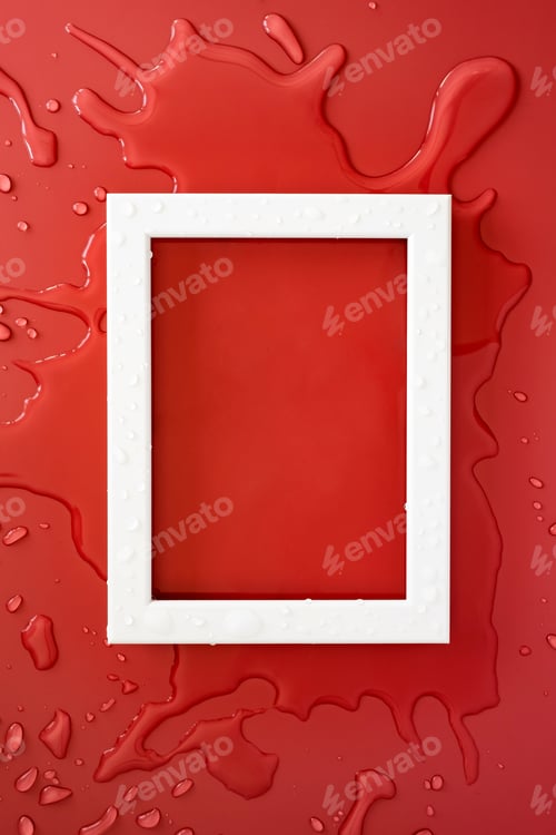 Preview: White rectangular frame on clean spilled water, on red background. Copy space. Flat lay. Top view.