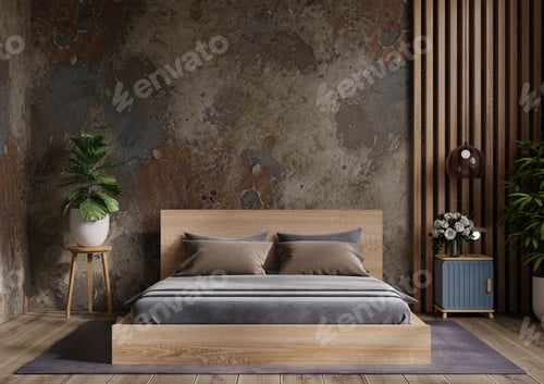Preview: Bedroom interior design concept idea and concrete wall texture background.