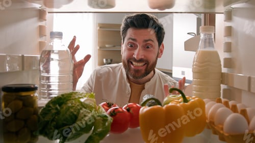 Preview: Point of view from inside refrigerator POV Caucasian man householder homeowner open fridge door
