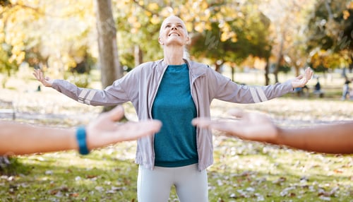Preview: Stretching, yoga and teacher with old woman in park for fitness, health and workout. Mindfulness, t