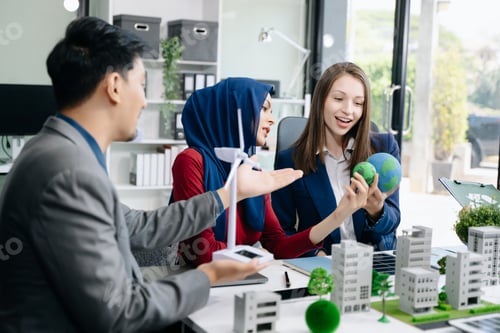 Preview: business team people planning and discussing on recycle reduce reuse policy symbol in office