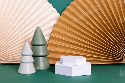 Preview: Podium, stand, platform for product presentation.Abstract background made of paper fans and