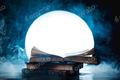 Preview: An open book of spells in full Moon. Reader imagination and writing inspiration concept with copy