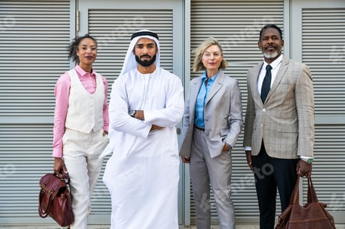 Preview: Group of multiethnic business people meeting an emirati businessman