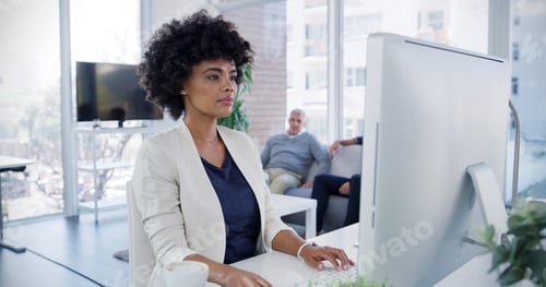 Preview: Reading, web designer or woman on computer for research, creative website or digital footprint. Lay