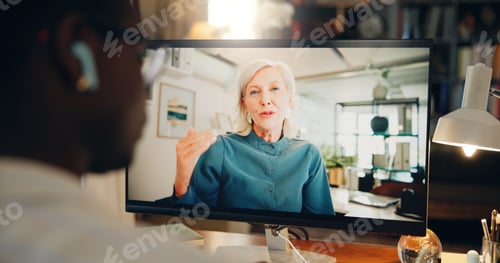Preview: Man, computer and woman on screen for video call, webinar or virtual meeting for consulting in remo