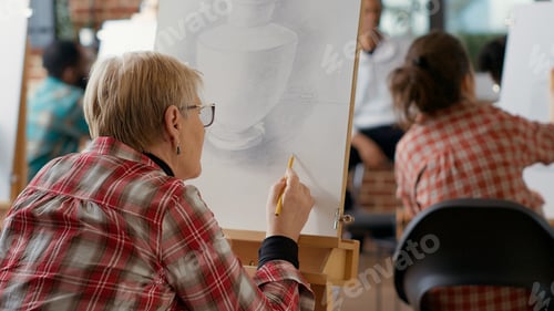 Preview: Old student using pencil to draw inspiration model at lesson