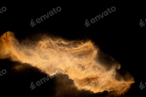 Preview: Dry river sand explosion. Brown color sand splash against black background.