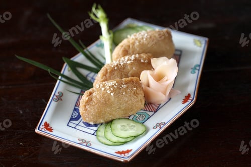 Preview: Japanese Food Inari Sushi Bean Curd With Dark Brown Wood Pattern