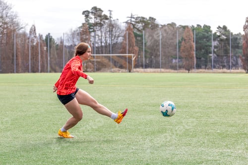 Preview: Girl on the soccer field. Soccer training. Active lifestyle. Football concept.