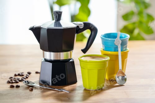 Preview: Italian mocca coffee with cups on table
