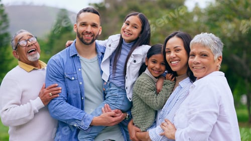 Preview: Park portrait of grandparents, happy kids and parents, smile and bonding adventure in nature. Hug,
