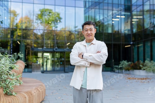 Preview: Portrait of a young Asian man designer, architect standing outside a modern building, office