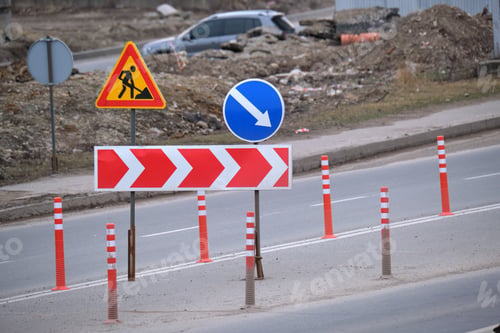 Preview: Roadworks warning traffic signs of construction work on city street