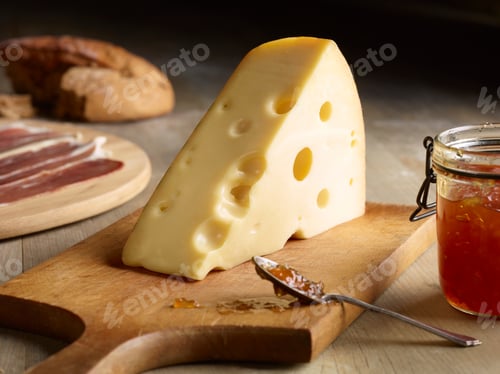 Vista previa: Still life of Edam cheese with quince chutney, on chopping board