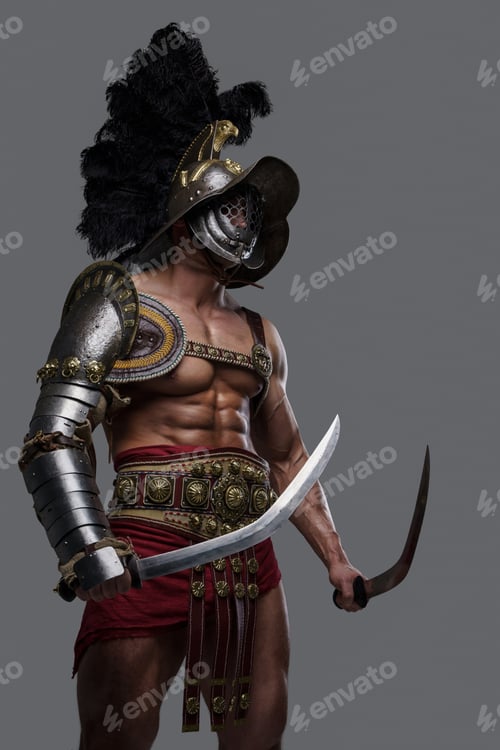 Preview: Shirtless colosseum warrior with twin swords against grey background
