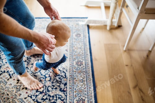 Preview: Father with a baby girl at home. First steps.