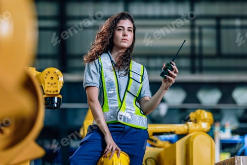 Preview: Woman Supervising Production With Communication Device in Industrial Setting