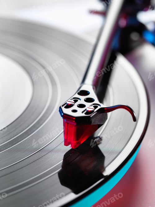 Preview: Close up of turntable stylus playing a vinyl record