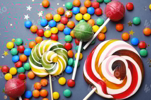 Preview: Lollipops and colorful candies on grey background, top view
