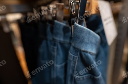 Preview: Blurred photo of denim pants in clothing store. Jeans on hanger hanging on rack in clothing store.